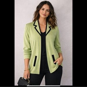 Misook Structured Knit Jacket Cardigan Soft Celadon Green Black Trim Minimal